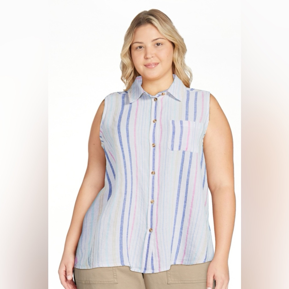 Time and Tru Women’s XXL Multicolor Striped Sleeveless Button-Down Shirt